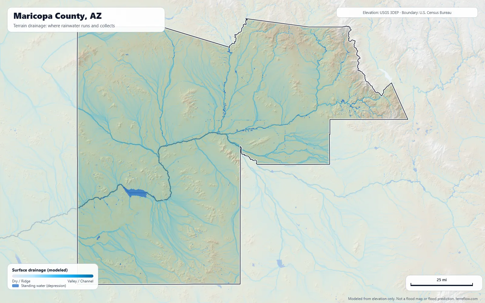 Terrain drainage map of Maricopa County, AZ: modeled paths where rainwater runs and collects, from USGS 3DEP elevation data, with the county boundary
