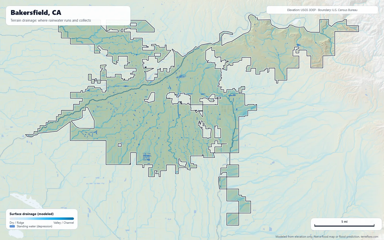 Terrain drainage map of Bakersfield, CA: modeled paths where rainwater runs and collects, from USGS 3DEP elevation data, with the city boundary