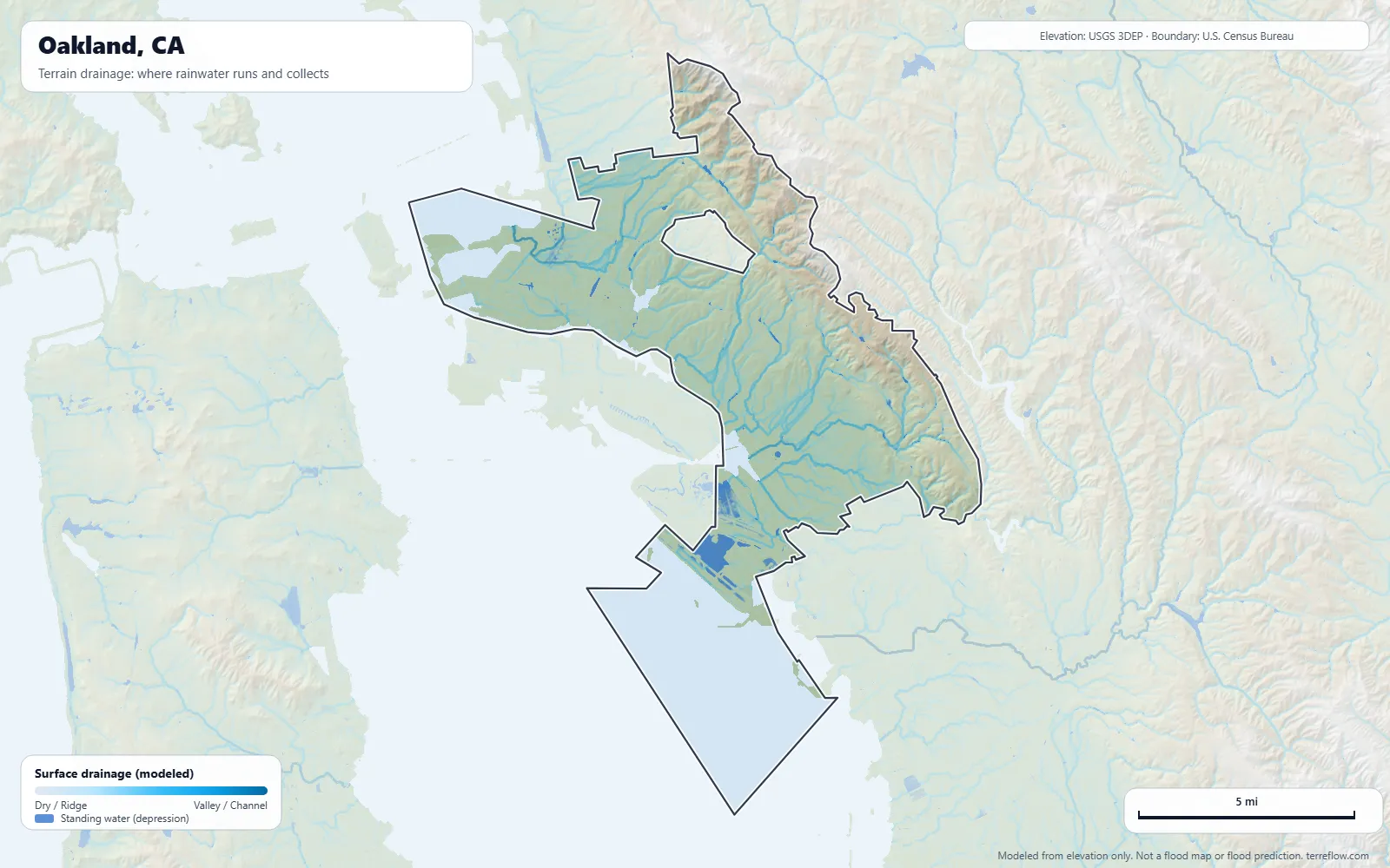 Terrain drainage map of Oakland, CA: modeled paths where rainwater runs and collects, from USGS 3DEP elevation data, with the city boundary