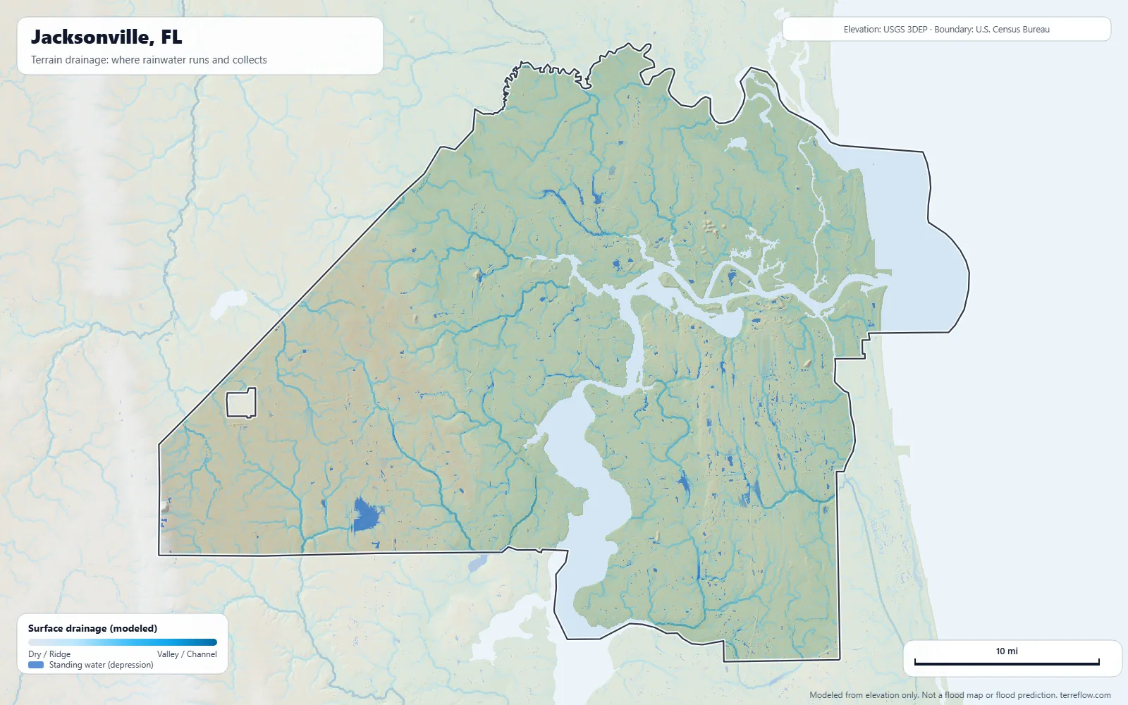 Terrain drainage map of Jacksonville, FL: modeled paths where rainwater runs and collects, from USGS 3DEP elevation data, with the city boundary