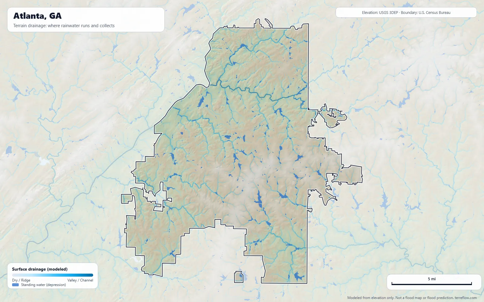 Terrain drainage map of Atlanta, GA: modeled paths where rainwater runs and collects, from USGS 3DEP elevation data, with the city boundary