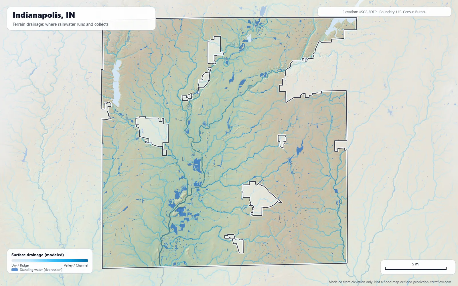 Terrain drainage map of Indianapolis, IN: modeled paths where rainwater runs and collects, from USGS 3DEP elevation data, with the city boundary