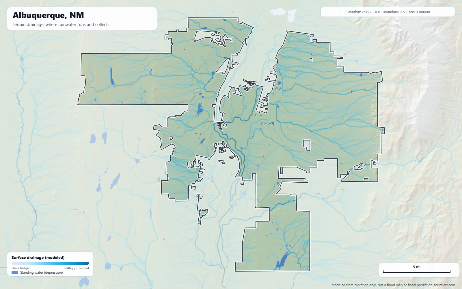 Terrain drainage map of Albuquerque, NM: modeled paths where rainwater runs and collects, from USGS 3DEP elevation data, with the city boundary