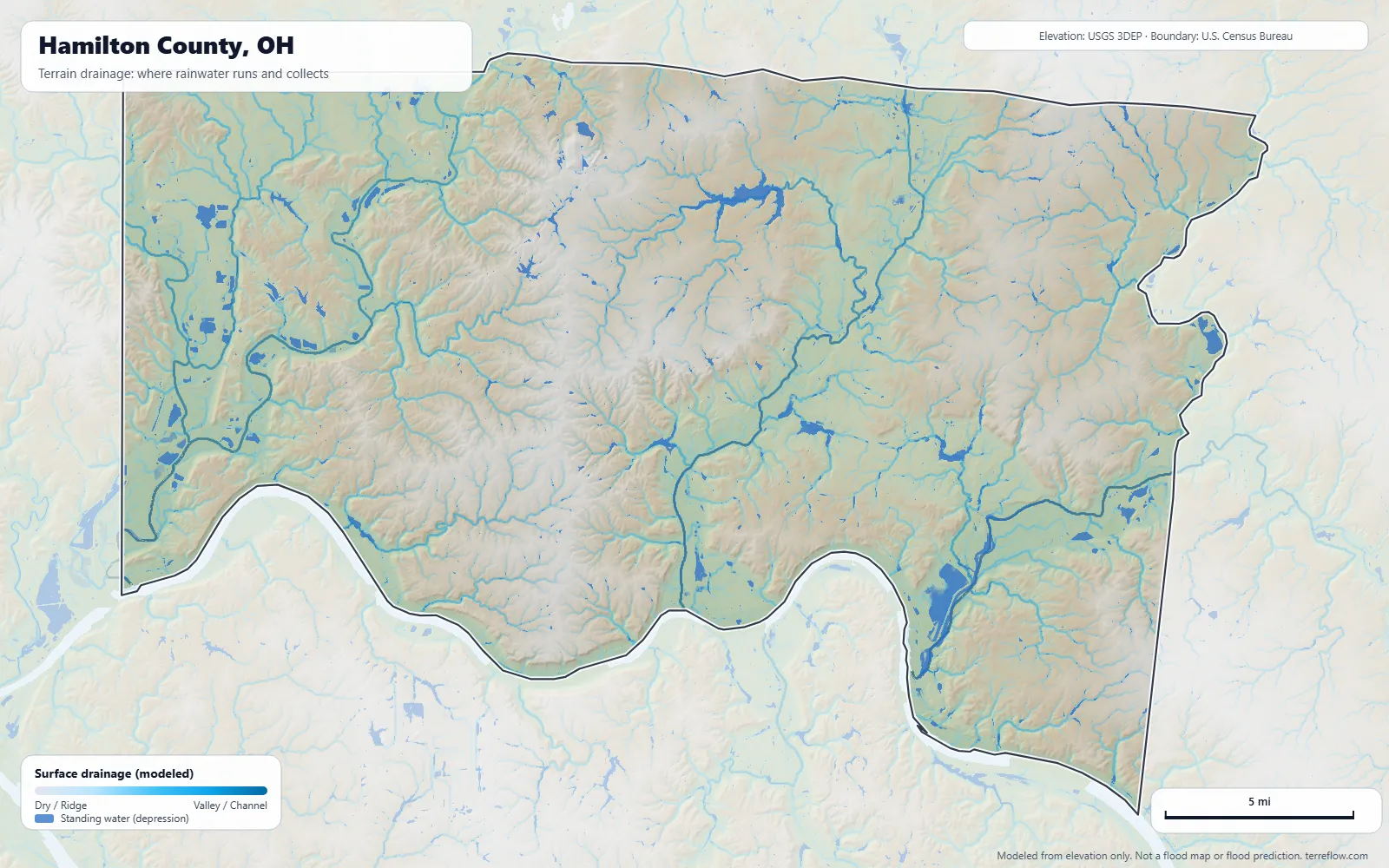 Terrain drainage map of Hamilton County, OH: modeled paths where rainwater runs and collects, from USGS 3DEP elevation data, with the county boundary