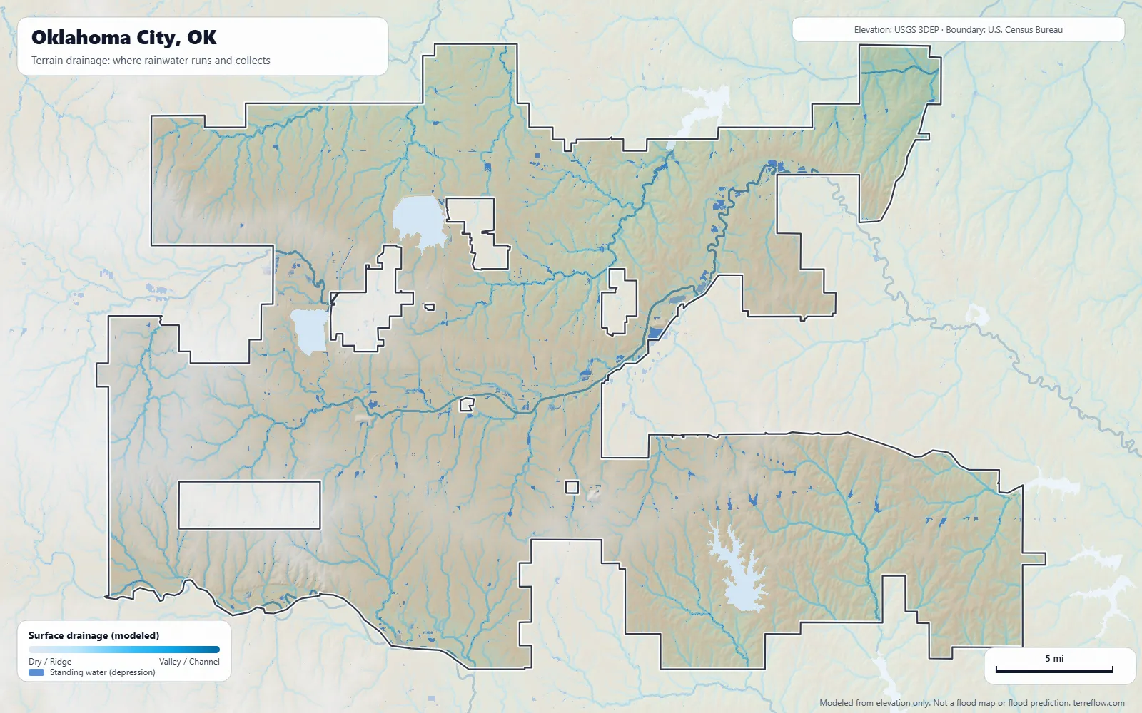 Terrain drainage map of Oklahoma City, OK: modeled paths where rainwater runs and collects, from USGS 3DEP elevation data, with the city boundary