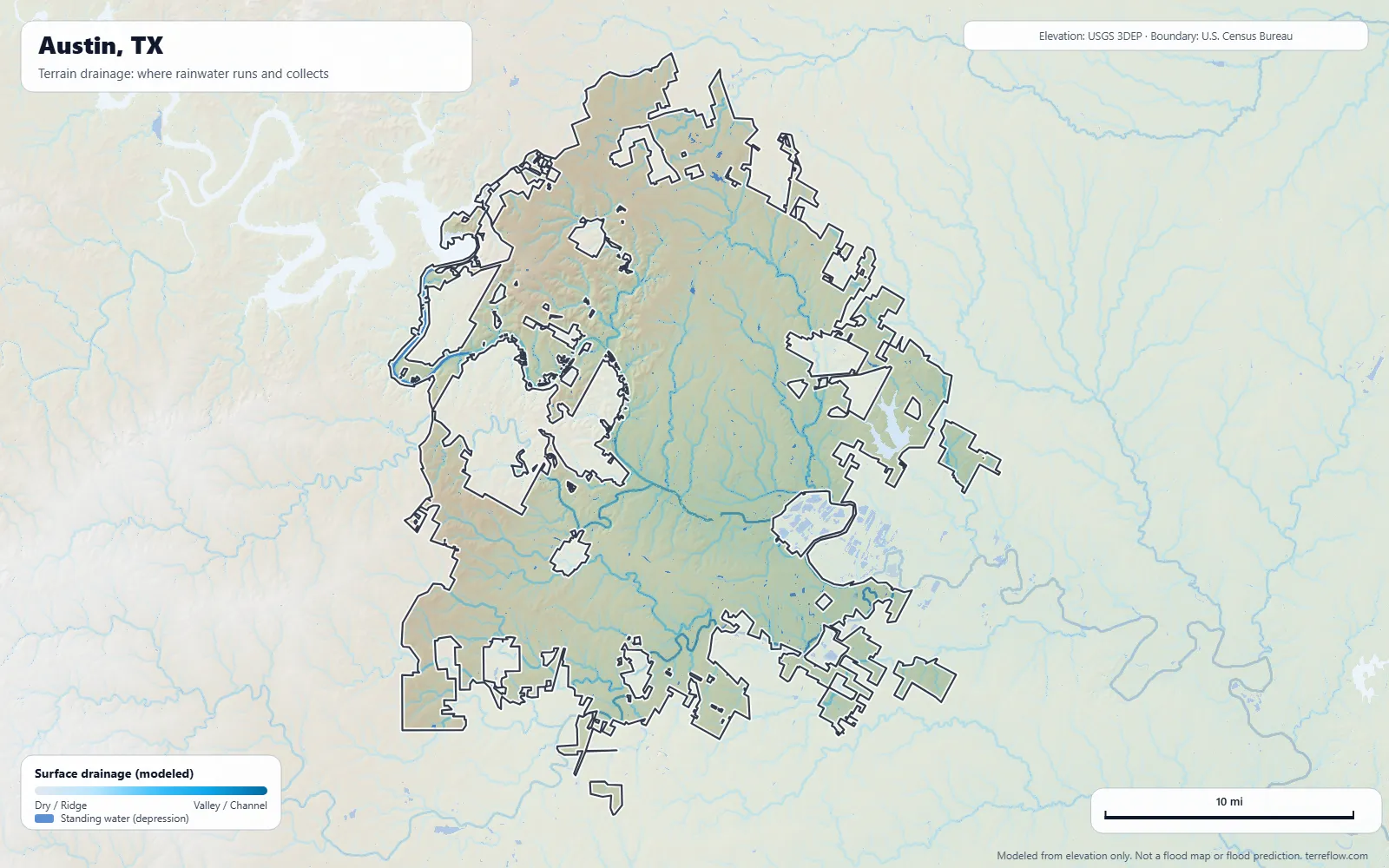 Terrain drainage map of Austin, TX: modeled paths where rainwater runs and collects, from USGS 3DEP elevation data, with the city boundary