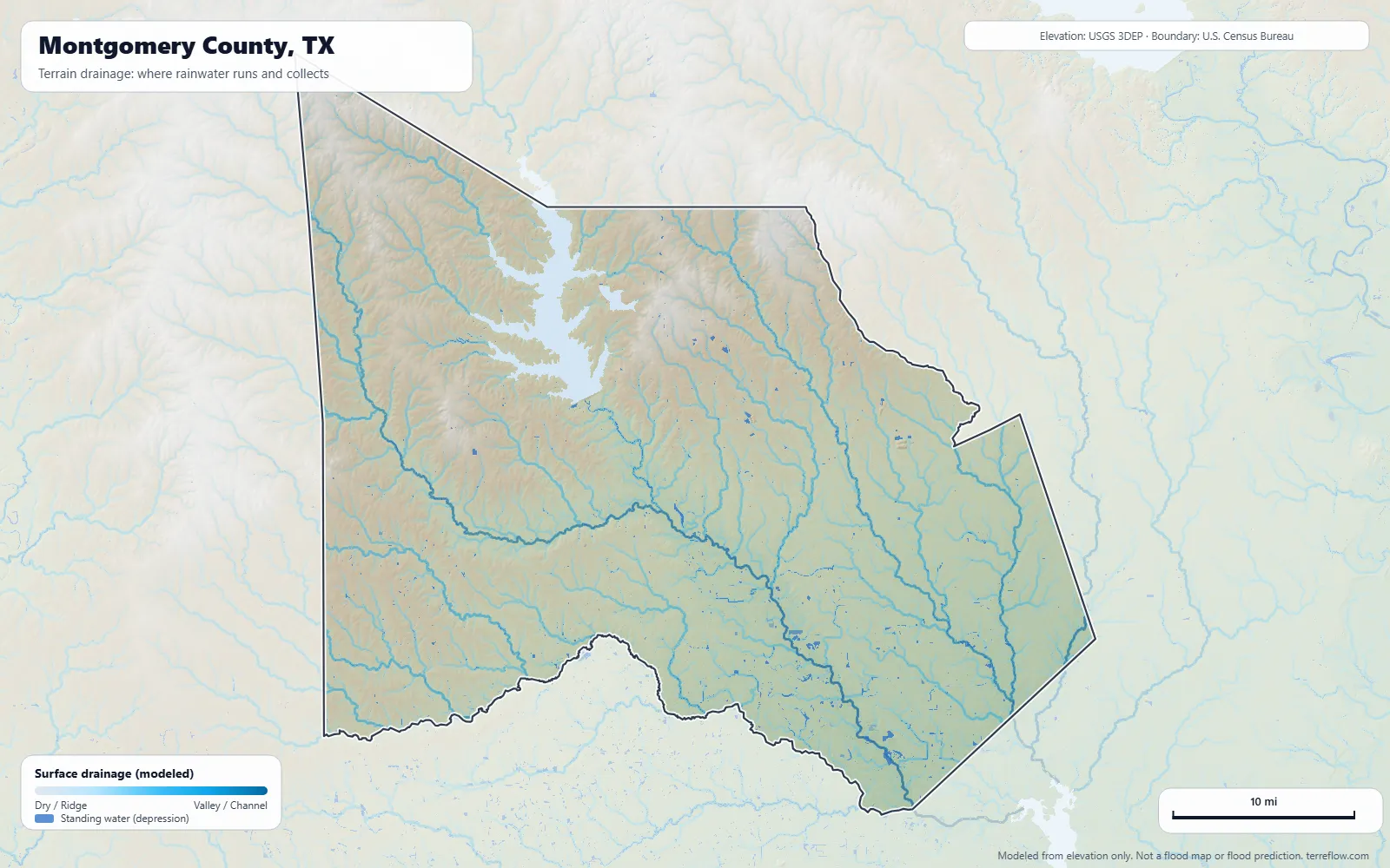Terrain drainage map of Montgomery County, TX: modeled paths where rainwater runs and collects, from USGS 3DEP elevation data, with the county boundary